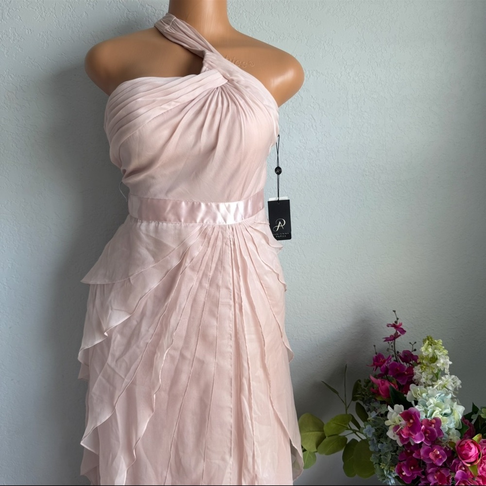 NWT Adrianna Papell Blush One Shoulder Chiffon Evening Gown Formal Dress Size 12 - Picture 5 of 10